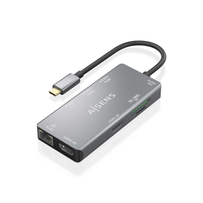 Aisens USB-C Dock 9 en 1 - USB-C vers 2xHDMI - 1xRJ45 - 2xUSB-A USB3.0 - 1xUSB-A USB2.0 - 1xUSB-C PD - 1xSD - 1xMicro SD - 15cm