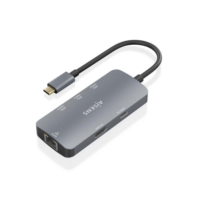 Aisens USB-C Dock 6 en 1 - USB-C vers 1xHDMI - 1xRJ45 - 3xUSB-A - 1xUSB-C PD - 15cm - Couleur Gris