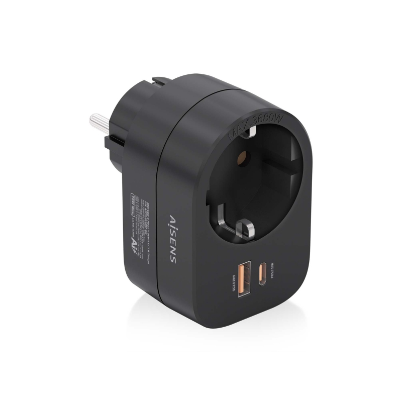 Aisens Multiprise Murale Multifonction avec 1 Prise + 1xUSB-C 20W PD3.0 - 1xUSB-A 20W QC3.0 - Noir