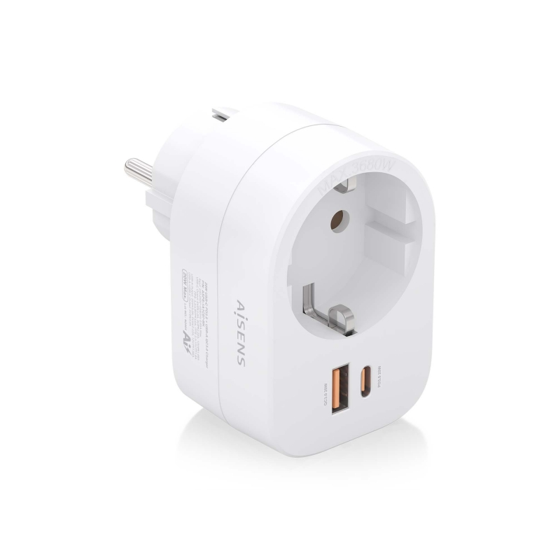 Aisens Multiprise Murale Multifonction avec 1 Prise + 1xUSB-C 20W PD3.0 - 1xUSB-A 20W QC3.0 - Blanc