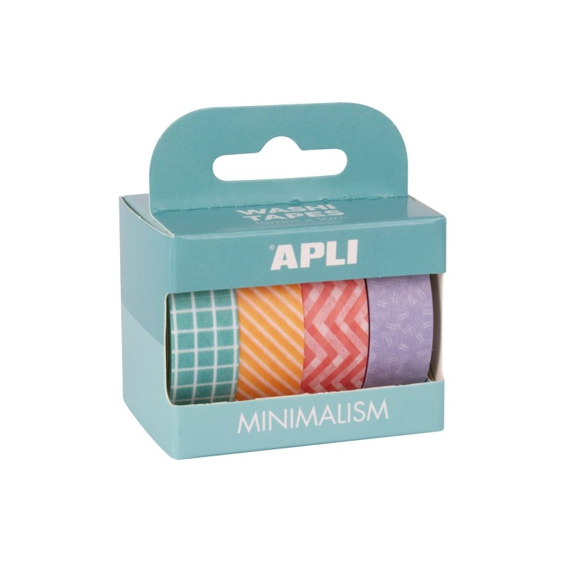 Apli Pack Minimalisme avec 4 Rubans Adhésifs en Papier Washi 15mmx10m - 4 Designs Différents - Décoration et Artisanat