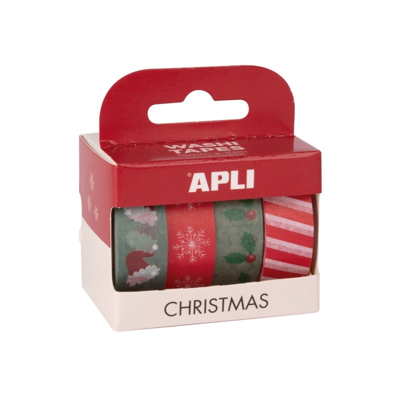 Apli Pack Noël avec 4 Rubans Adhésifs en Papier Washi 15mmx10m - Thème Noël - 4 Designs Différents - Décoration et Artisanat