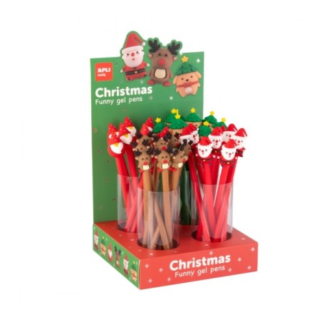 ✅ Apli Présentoir de 32 stylos avec motifs de Noël - Encre gel - 8 stylos par motif - Couleur d'encre Noir cou en stock