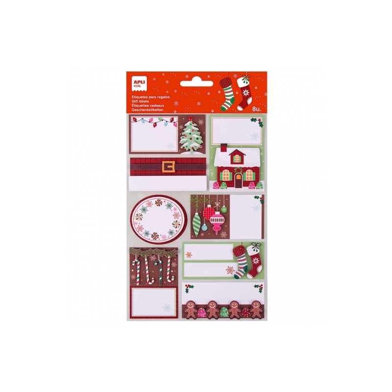 Apli Pack de 8 étiquettes adhésives de Noël pour cadeaux - Tailles et designs assortis - Espace pour écrire