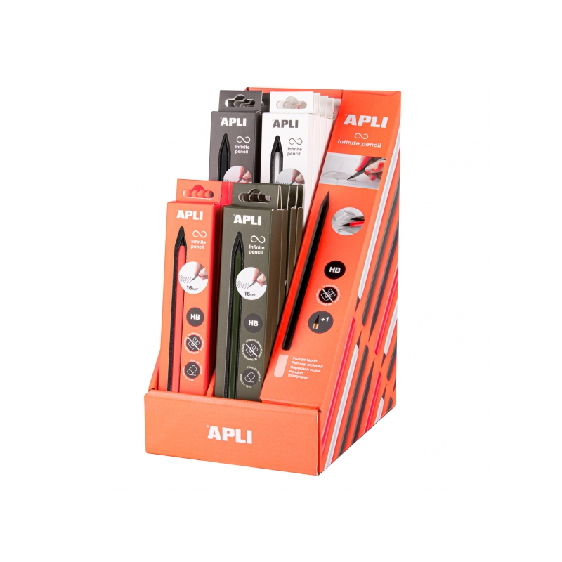 Apli Présentoir à Crayons Infinite avec 20 Paquets de Crayons Infinite HB + Mine de Rechange + Capuchon de Protection - Pour