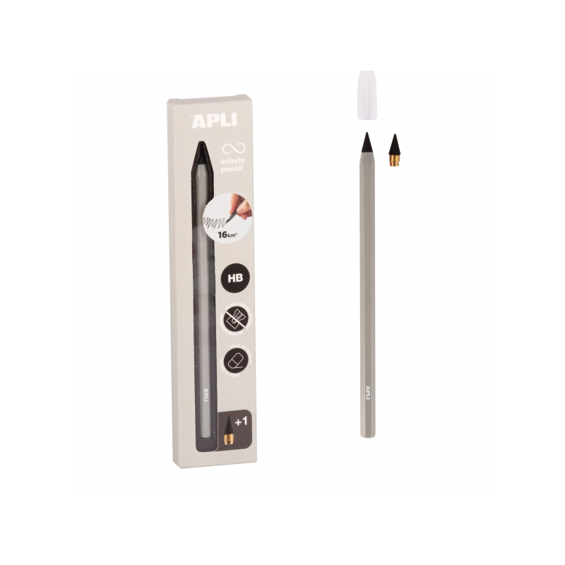 Apli Infinite Pencil Pack de Crayons Infinite HB + Mine de Rechange + Capuchon de Protection - Pour Écrire jusqu'à 16km
