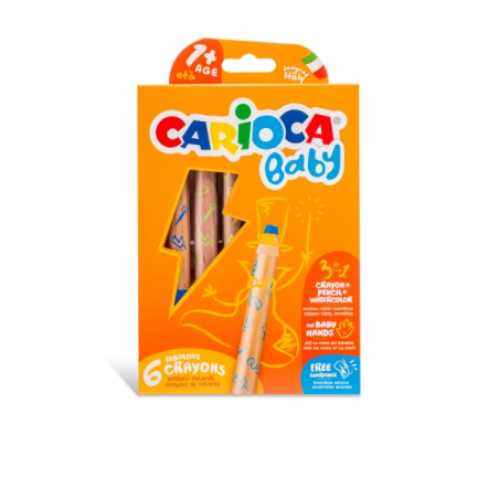 ✅ Carioca Baby 1+ 3In1 Pack de 6 crayons - Crayon cire et aquarelle en un - Corps extra large - Aquarelle - Tail en stock