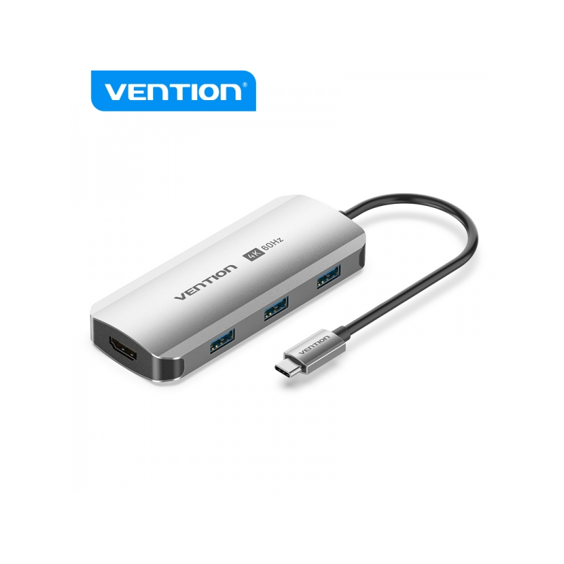 Station d'accueil Vention 5 en 1 USB-C vers HDMI/3xUSB3.0/PD - 0,15m - Aluminium gris