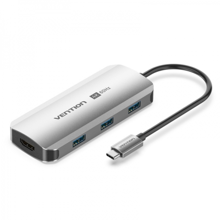 Station d'accueil Vention 5 en 1 USB-C vers HDMI/3xUSB3.0/PD - 0,15m - Aluminium gris