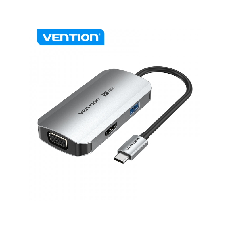 Station d'accueil Vention 4 en 1 USB-C vers HDMI 4K/VGA/USB 3.0/PD - 0,15m - Aluminium gris