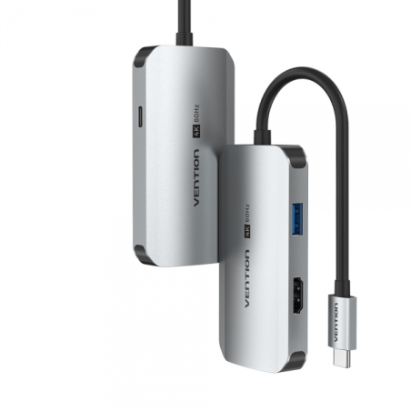 Station d'accueil Vention 4 en 1 USB-C vers HDMI 4K/VGA/USB 3.0/PD - 0,15m - Aluminium gris