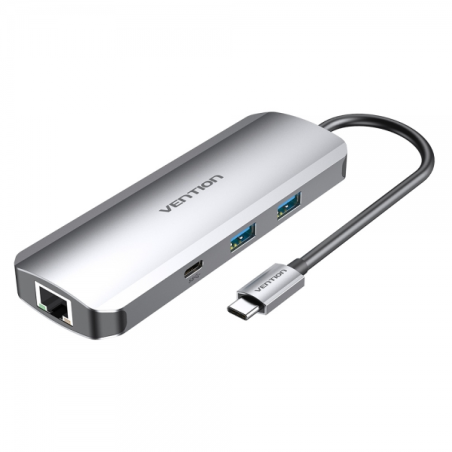 Vention Station d'accueil 9 en 1 USB-C vers HDMI 4K/2xUSB3.0/USB-C Gen1/RJ45/TF/Lecteur SD/Prise Audio/PD100W - 0,15m - Couleur