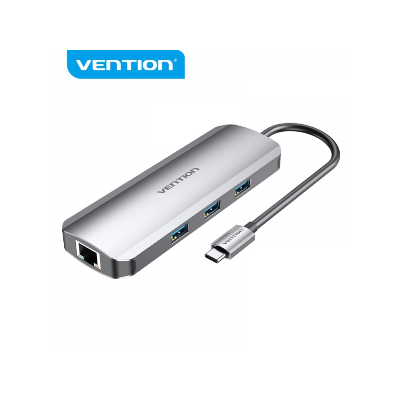 Vention Station d'accueil 9 en 1 USB-C vers HDMI 4K/3xUSB3.0/RJ45/Lecteur SD/MicroSD/Jack Audio/PD100W - 0,15m - Couleur Gris