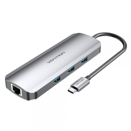 Vention Station d'accueil 9 en 1 USB-C vers HDMI 4K/3xUSB3.0/RJ45/Lecteur SD/MicroSD/Jack Audio/PD100W - 0,15m - Couleur Gris