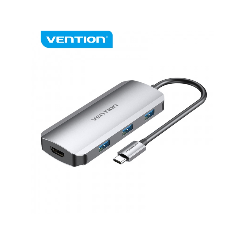 Vention Docking 5 en 1 USB-C vers HDMI 4K/3xUSB3.0/PD100W - 0,15m - Couleur Gris