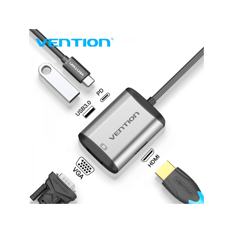 Station d'accueil Vention 4 en 1 USB-C vers HDMI/VGA/USB3.0/PD87W - 0,15m - Couleur Gris