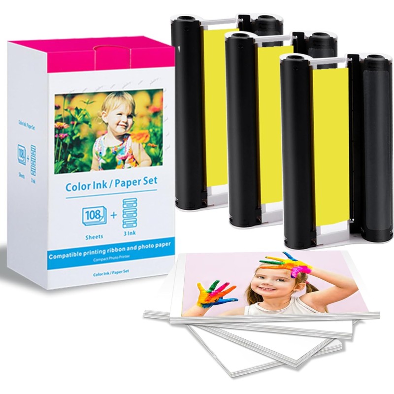 Pack compatible KP-108IN, encre et 108 feuilles de papier photo, 100 x 148 mm - Remplace 3115B001 Pack compatible KP-108IN, encre et 108 feuilles de papier photo, 100 x 148 mm - Remplace 3115B001