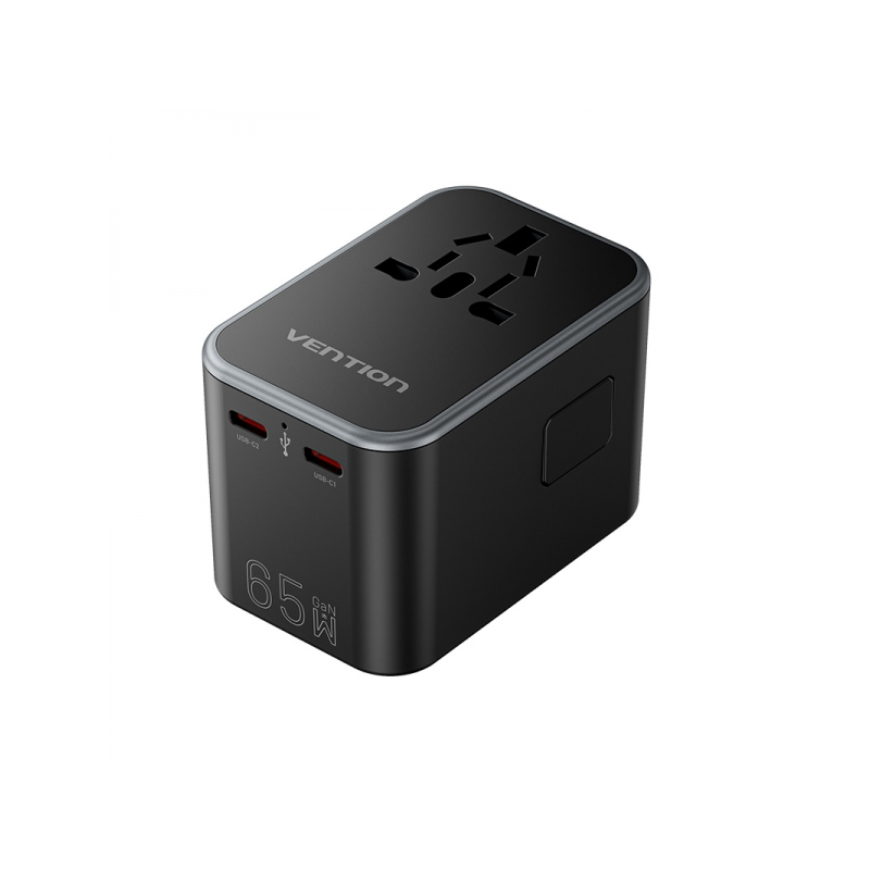 Adaptateur de voyage Vention Universal GaN 65W - 3 ports USB (C+C+A 65W/65W/30W) - Noir
