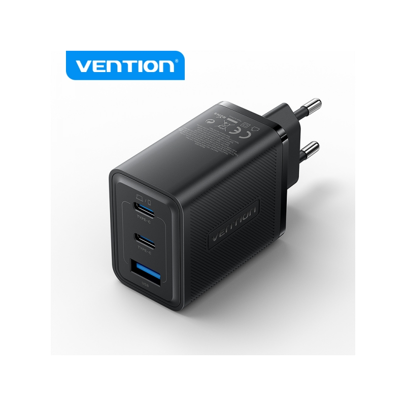 Chargeur Mural Vention GaN 3 Ports USB (C + C + A) (65W/65W/30W) - EU - Couleur Noir