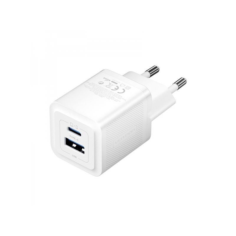 Chargeur mural Vention GaN 2 ports USB (C+A) (30W/30W) - Charge rapide UE - Couleur blanc