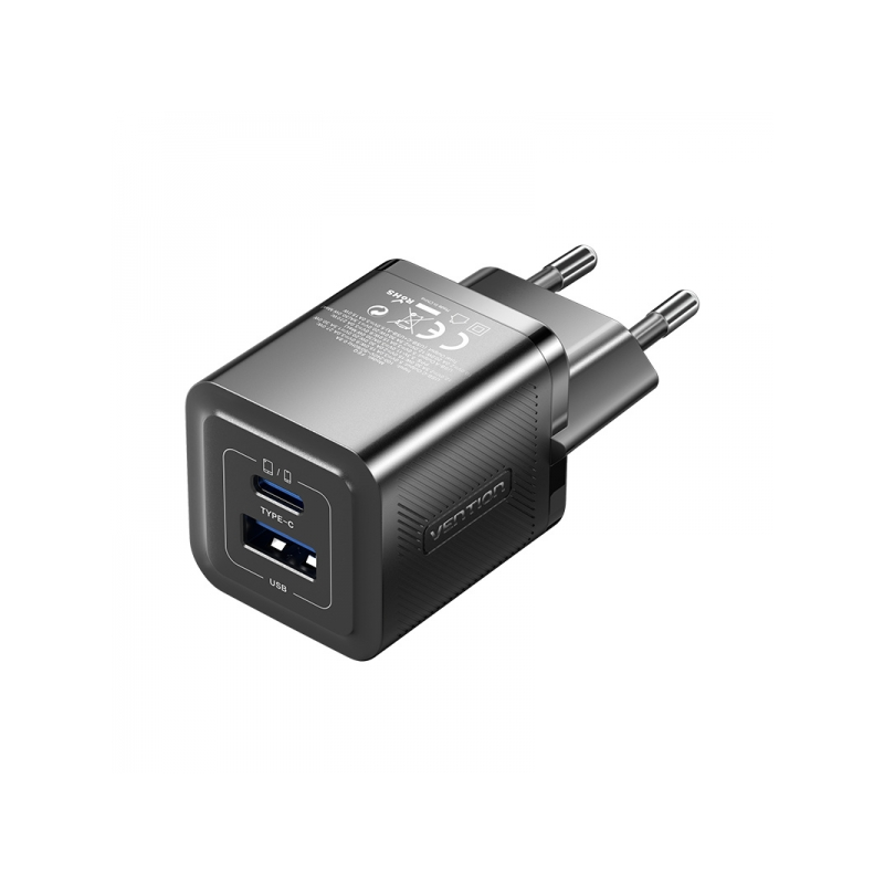 Chargeur mural Vention GaN 2 ports USB (C+A) (30W/30W) - Chargement rapide UE - Couleur noir