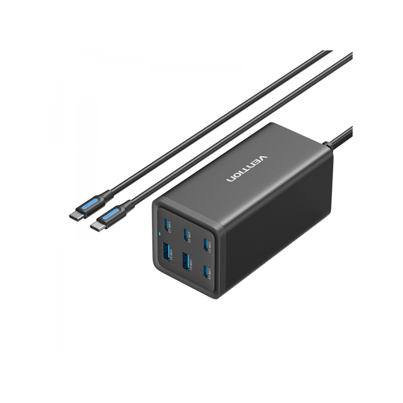 Chargeur GaN portable Vention 6 ports (200W/140W/45W/20W/18W/18W) - Kit de câbles noirs UE