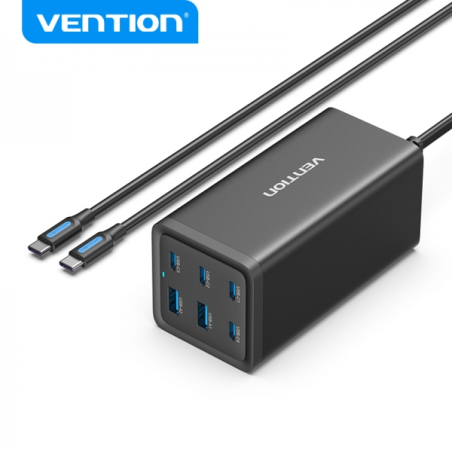 Chargeur GaN portable Vention 6 ports (200W/140W/45W/20W/18W/18W) - Kit de câbles noirs UE