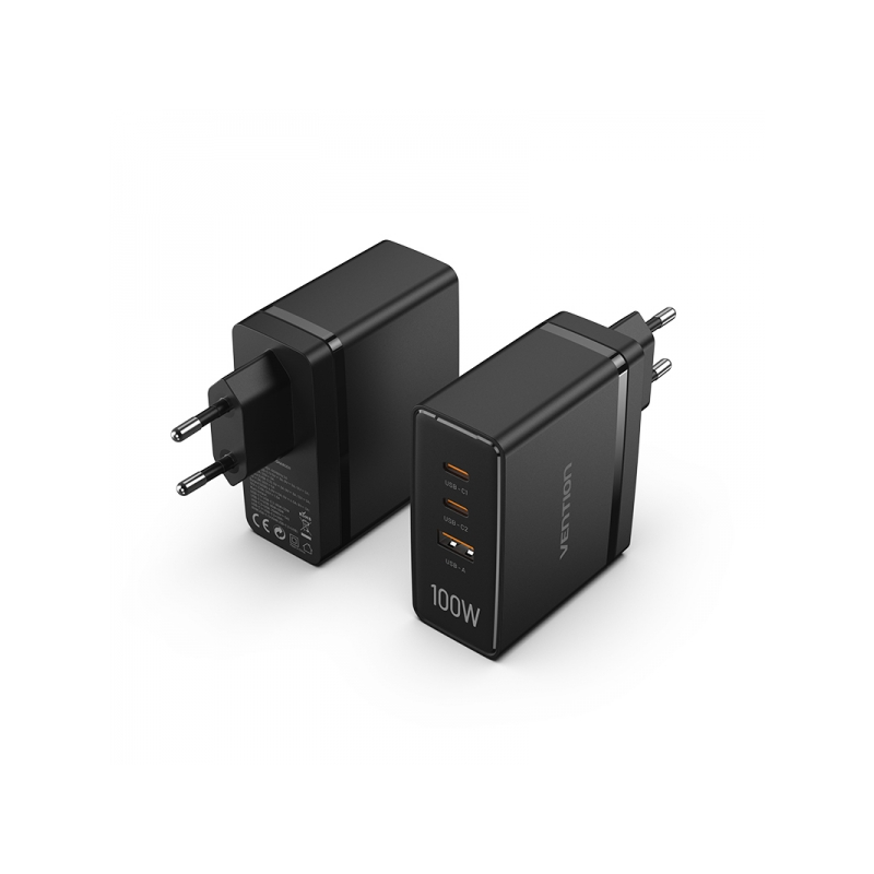 Chargeur mural Vention GaN 2xUSB-C vers 1xUSB 100W - Couleur noire