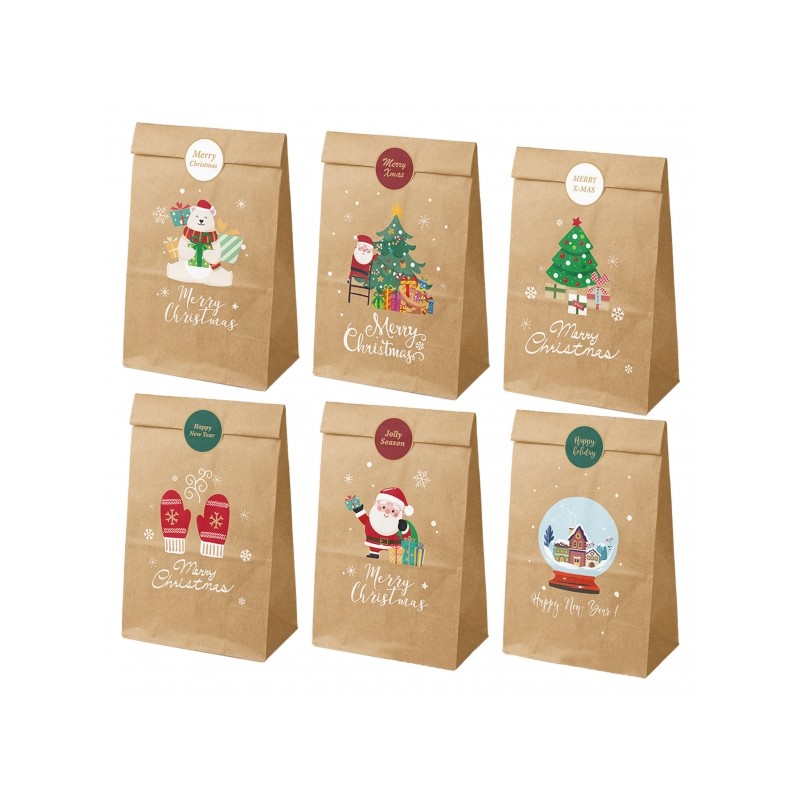Dohe Christmas Pack de 12 Sacs en Papier Kraft - 2 Sacs par Modèle - Haute Résistance