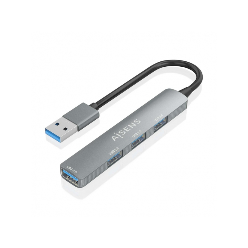 Hub USB Aisens Ultra Slim en aluminium - 1xUSB3.0 + 3xUSB2.0 - Haute vitesse 5 Gbit/s - Alimenté par bus USB - Couleur grise