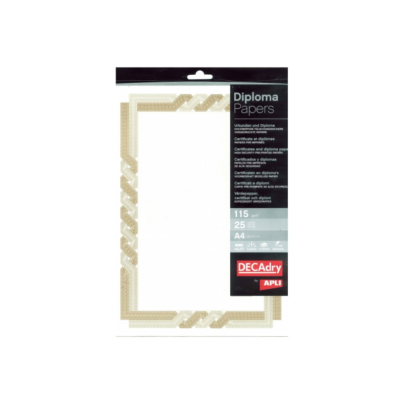 Apli Pack de 25 Feuilles de Papier Certificat - Design Tressé - 115gr - Idéal pour Certificats et Diplômes - Compatible