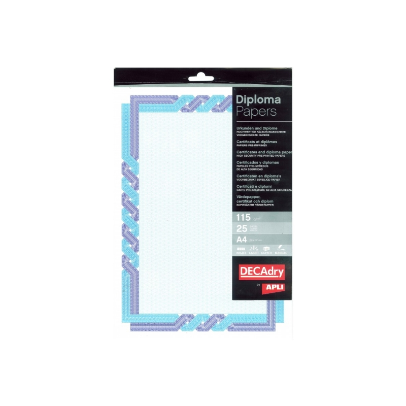 Apli Pack de 25 Feuilles de Papier Certificat - 115gr - Dessin Tressé sur le Cadre - Idéal pour Certificats et Diplômes