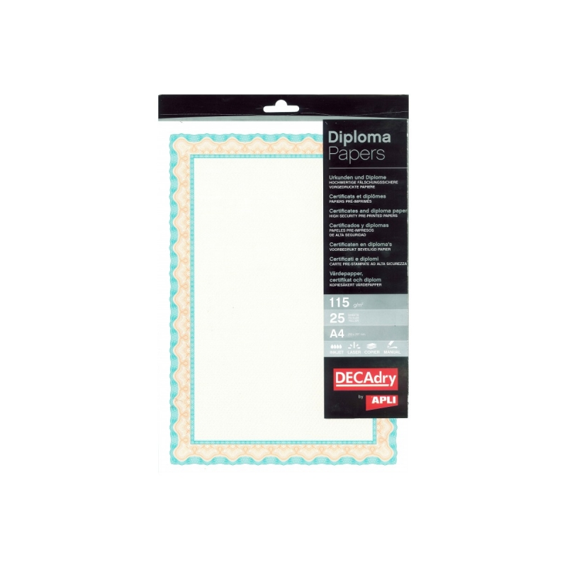 Apli Pack de 25 Feuilles de Papier Certificat - Design Coquille - 115gr - Idéal pour Certificats et Diplômes - Compatible