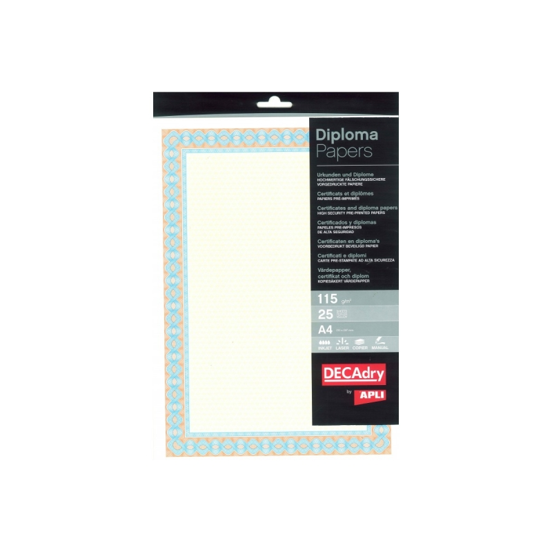 Apli Pack de 25 Feuilles de Papier Certificat - Dessin Hélicoïdal sur le Cadre - 115gr - Idéal pour Certificats et Diplômes