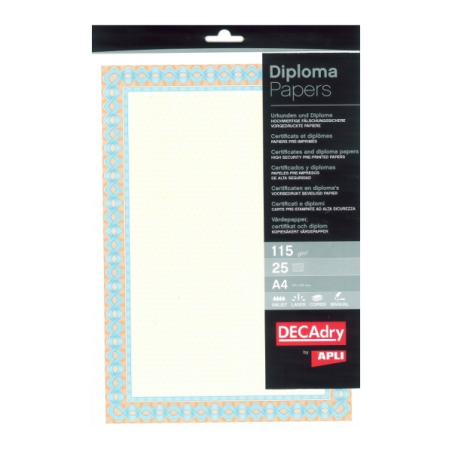 Apli Pack de 25 Feuilles de Papier Certificat - Dessin Hélicoïdal sur le Cadre - 115gr - Idéal pour Certificats et Diplômes