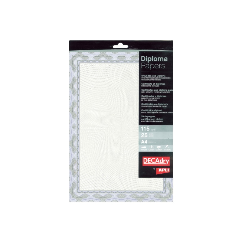 Apli Pack de 25 Feuilles de Papier pour Certificat - Design Spirale - 115gr - Idéal pour Certificats et Diplômes - Compatible