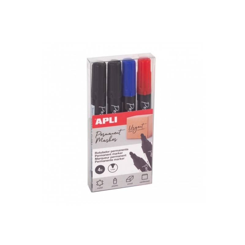 Apli Pack de 4 Marqueurs Permanents Pointe Ronde - Étanche - Multifonctionnel - pour Métal, Plastique, Bois et Carton - Couleur