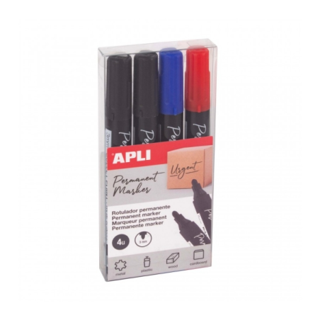 Apli Pack de 4 Marqueurs Permanents Pointe Ronde - Étanche - Multifonctionnel - pour Métal, Plastique, Bois et Carton - Couleur