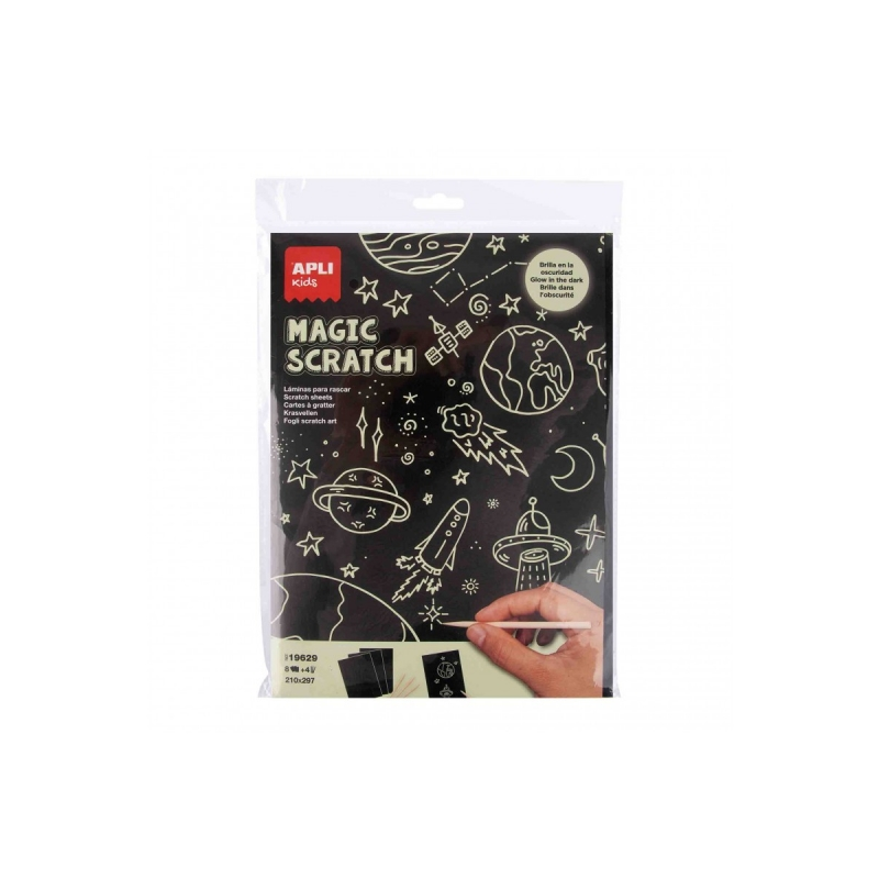 Apli Magic Scratch Glow in the Dark Feuilles phosphorescentes - 8 feuilles - 4 bâtons en bois - Créez et brillez dans le noir
