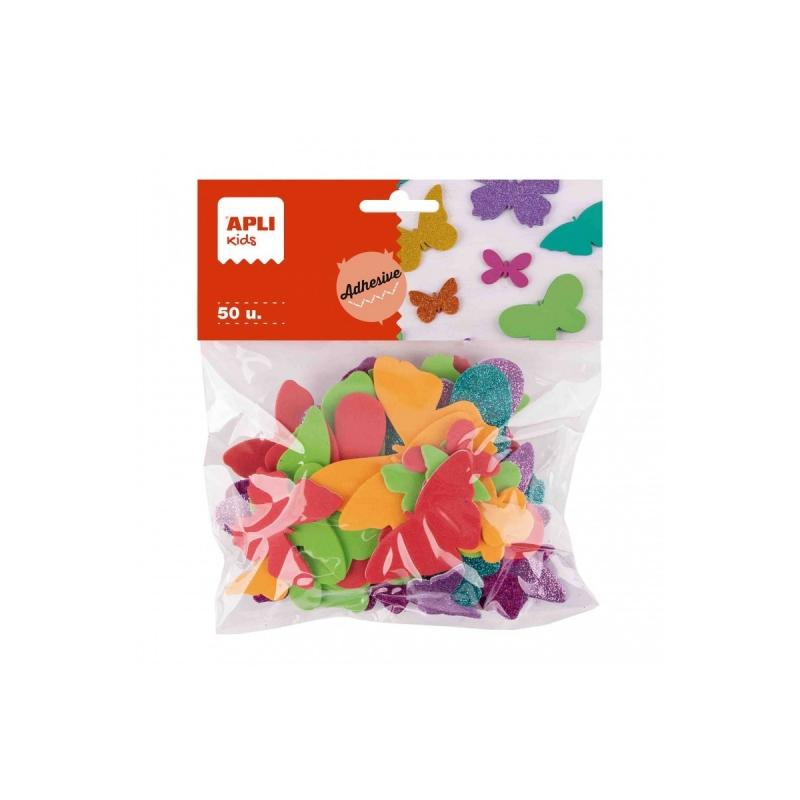 Apli Lot de 50 papillons en caoutchouc EVA – Tailles assorties – 6 formes – avec paillettes – Idéal pour travaux manuels et