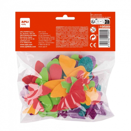 Apli Lot de 50 papillons en caoutchouc EVA – Tailles assorties – 6 formes – avec paillettes – Idéal pour travaux manuels et