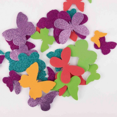 Apli Lot de 50 papillons en caoutchouc EVA – Tailles assorties – 6 formes – avec paillettes – Idéal pour travaux manuels et