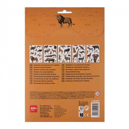 Apli Pack de 50 Stickers Amovibles d'Animaux de la Savane - Développe les Compétences Psychomotrices Fines - Images Réalistes