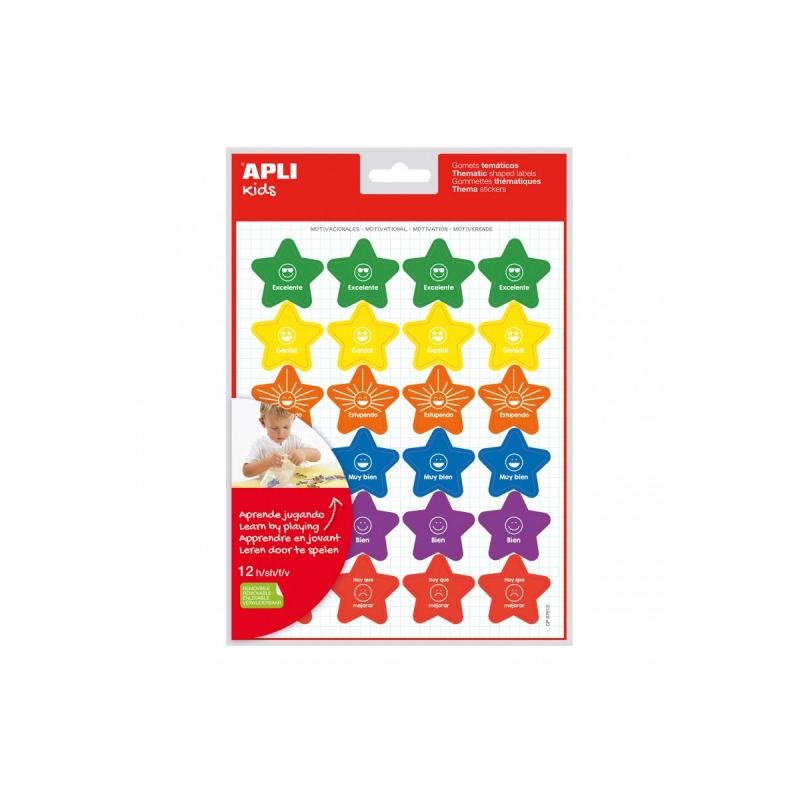 Apli Sachet d'autocollants de motivation - Adhésif amovible - 288 autocollants - 6 styles d'étoiles avec phrases - Adhésif à