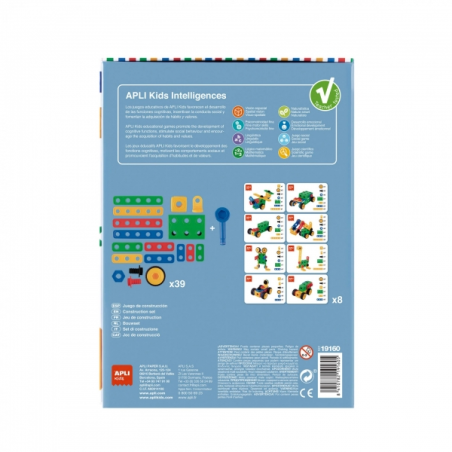 Apli Kit de Construction Éducative - 39 Pièces - Outil Inclus - Feuilles d'Exemples - Développe la Psychomotricité Fine et la