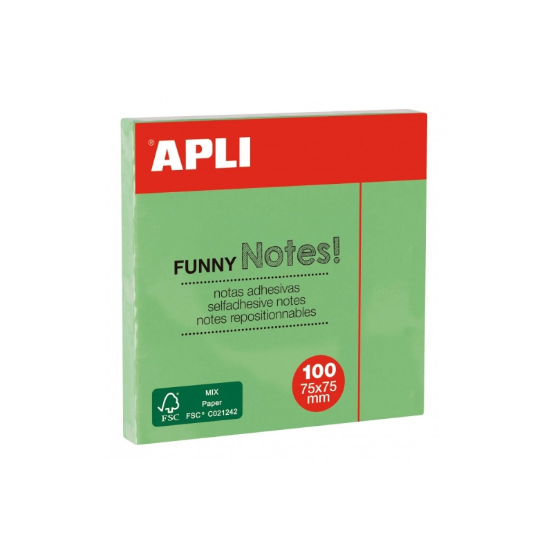 Apli Sticky Note Pad - 100 Feuilles - Papier Certifié FSC - Adhésif Repositionnable - Couleur Vert Émeraude