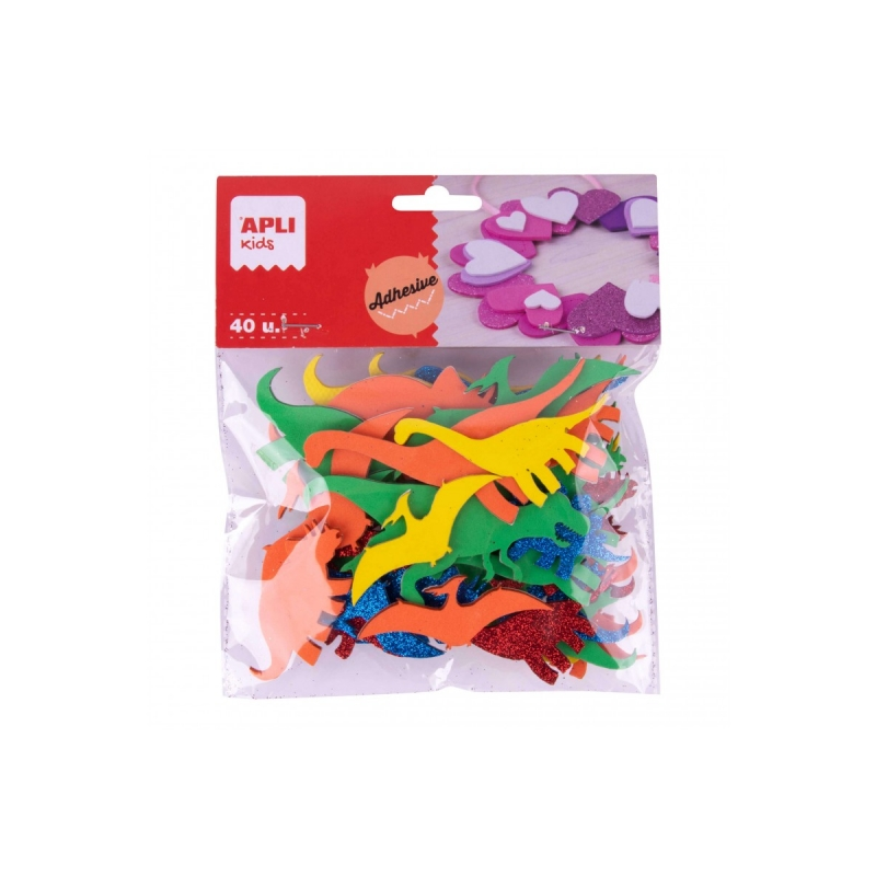 Apli Pack de 40 Dinosaures adhésifs EVA - Différents modèles - Adhésif permanent - 8 courses - Idéal pour les travaux manuels
