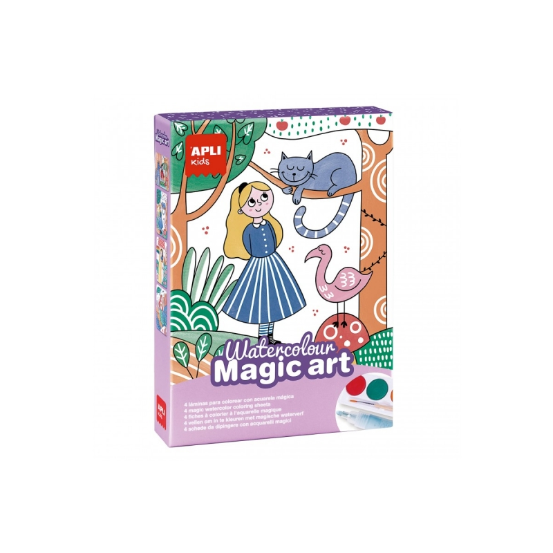 Apli Magic Coloring Set - Comprend 4 feuilles illustrées - 6 pots d'aquarelle - Pinceau - Gomme - Marqueur magique - Puces