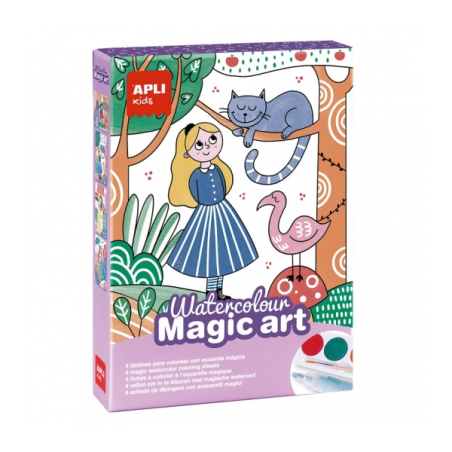 Apli Magic Coloring Set - Comprend 4 feuilles illustrées - 6 pots d'aquarelle - Pinceau - Gomme - Marqueur magique - Puces