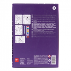 Apli Magic Coloring Set - Comprend 4 feuilles illustrées - 6 pots d'aquarelle - Pinceau - Gomme - Marqueur magique - Puces